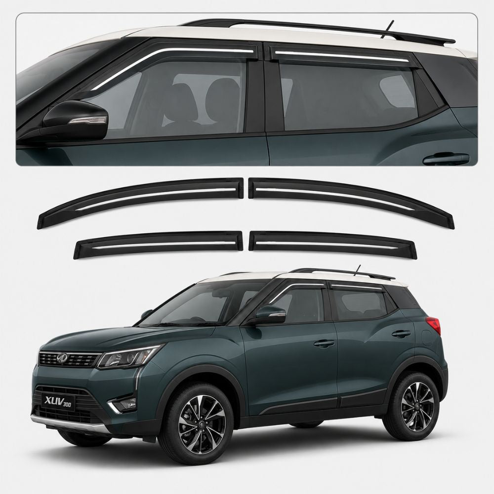 Galio Chrome Line Door Visor for Mahindra XUV300 1st Gen 2019 to 2024 | Set of 4 | Black | ABS Plastic | Chrome Line | Made in India
