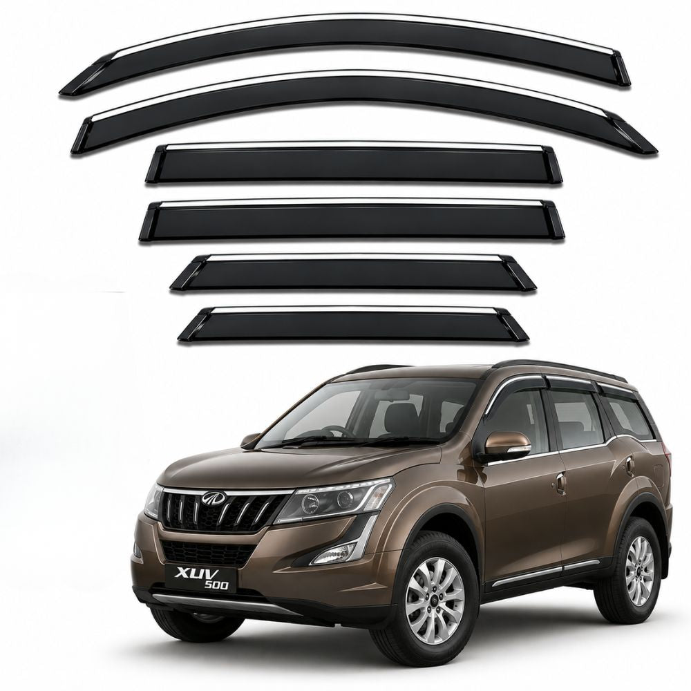Galio Chrome Line Door Visor for Mahindra XUV500 1st Gen 2011 to 2021 | Set of 6 | Black | ABS Plastic | Chrome Line | Made in India
