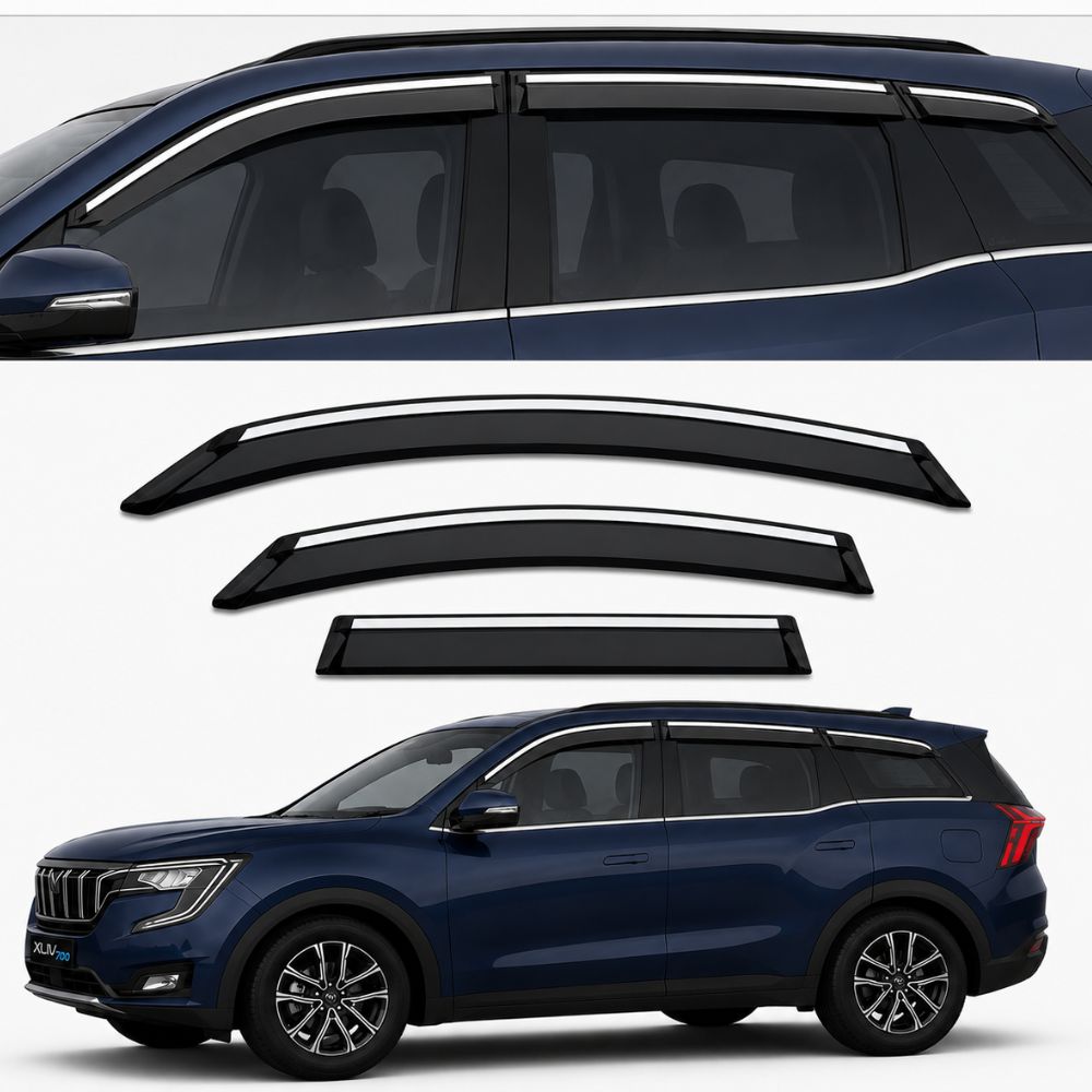 Galio Chrome Line Door Visor for Mahindra XUV700, XUV 7XO & XEV 9S | Set of 6 | Black | ABS Plastic | Chrome Line | Made in India
