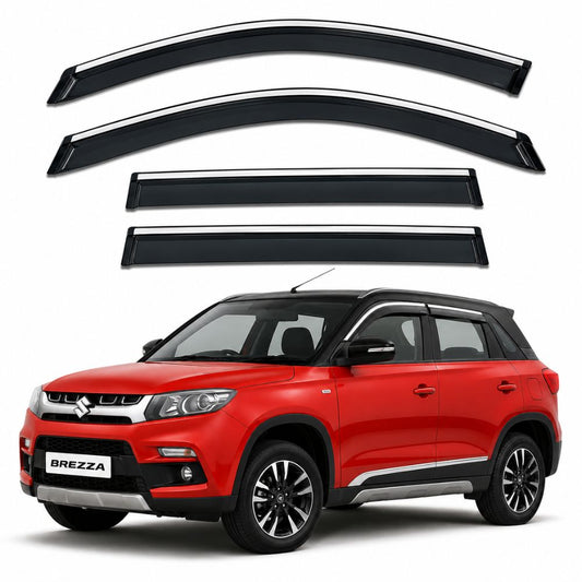 Galio Chrome Line Door Visor for Maruti Suzuki Vitara Brezza 1st Gen 2016 to 2020 | Set of 4 | Smoke | ABS Plastic | Silver Line | Made in India
