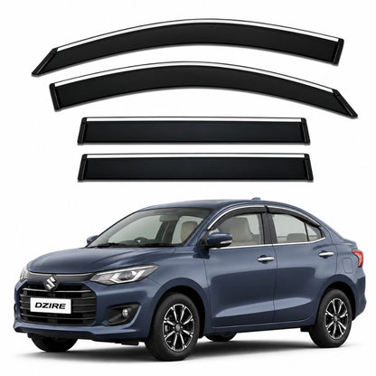 Galio Chrome Line Door Visor for Maruti Suzuki Dzire 4th Gen 2024 onwards. Set of 4 black ABS plastic visors with chrome line. Made in India.
