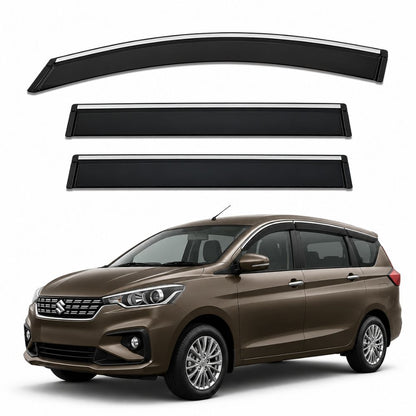 Galio Chrome Line Door Visor for Maruti Suzuki Ertiga 2nd Gen 2018 to 2025. Set of 6 black ABS plastic visors with chrome line. Made in India.
