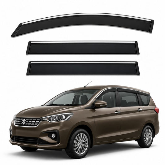 Galio Chrome Line Door Visor for Maruti Suzuki Ertiga 2nd Gen 2018 to 2025. Set of 6 black ABS plastic visors with chrome line. Made in India.
