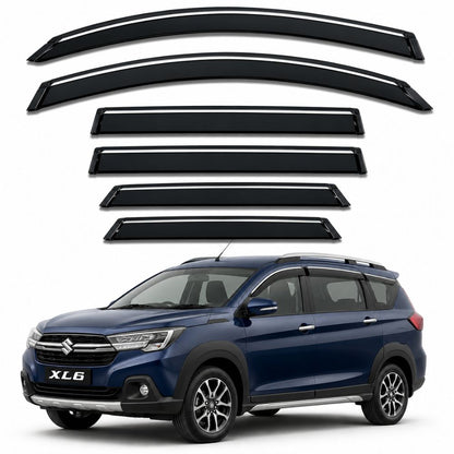 Galio Chrome Line Door Visor for Maruti Suzuki XL6 and Toyota Rumion | Set of 6 | Black | ABS Plastic | Chrome Line | Made in India
