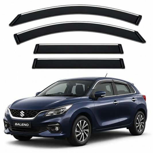 Galio Chrome Line Door Visor for Baleno, Glanza, Fronx, and Taisor. Set of 4 black ABS plastic visors with chrome line. Made in India.
