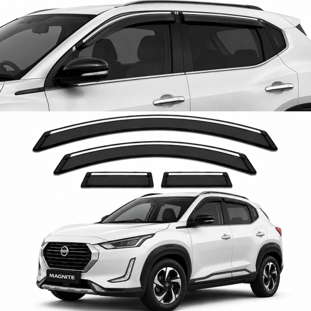 Galio Chrome Line Door Visor for Nissan Magnite 1st Gen 2020 to 2024 | Set of 4 | Black | ABS Plastic | Chrome Line | Made in India
