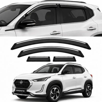 Galio Chrome Line Door Visor for Nissan Magnite 1st Gen 2020 to 2024 | Set of 4 | Black | ABS Plastic | Chrome Line | Made in India
