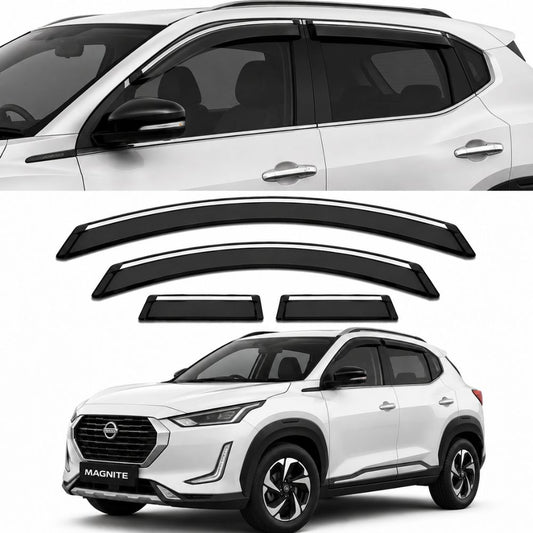 Galio Chrome Line Door Visor for Nissan Magnite 1st Gen 2020 to 2024 | Set of 4 | Black | ABS Plastic | Chrome Line | Made in India
