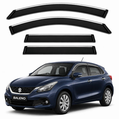 Galio Chrome Line Door Visor for Baleno 2015 to 2022 and Glanza 2019 to 2022. Set of 4 black ABS plastic visors with chrome line. Made in India.
