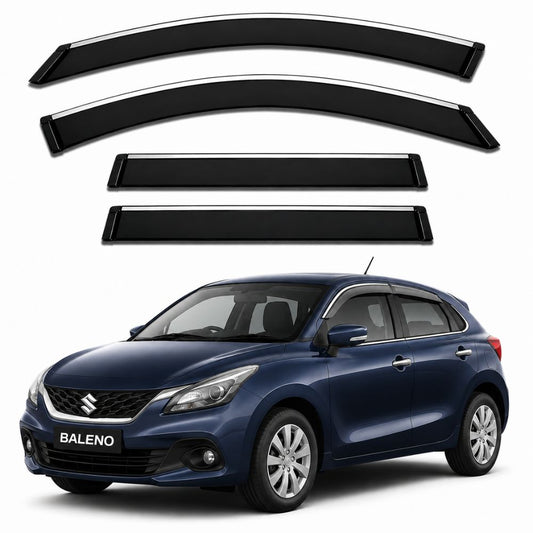 Galio Chrome Line Door Visor for Baleno 2015 to 2022 and Glanza 2019 to 2022. Set of 4 black ABS plastic visors with chrome line. Made in India.
