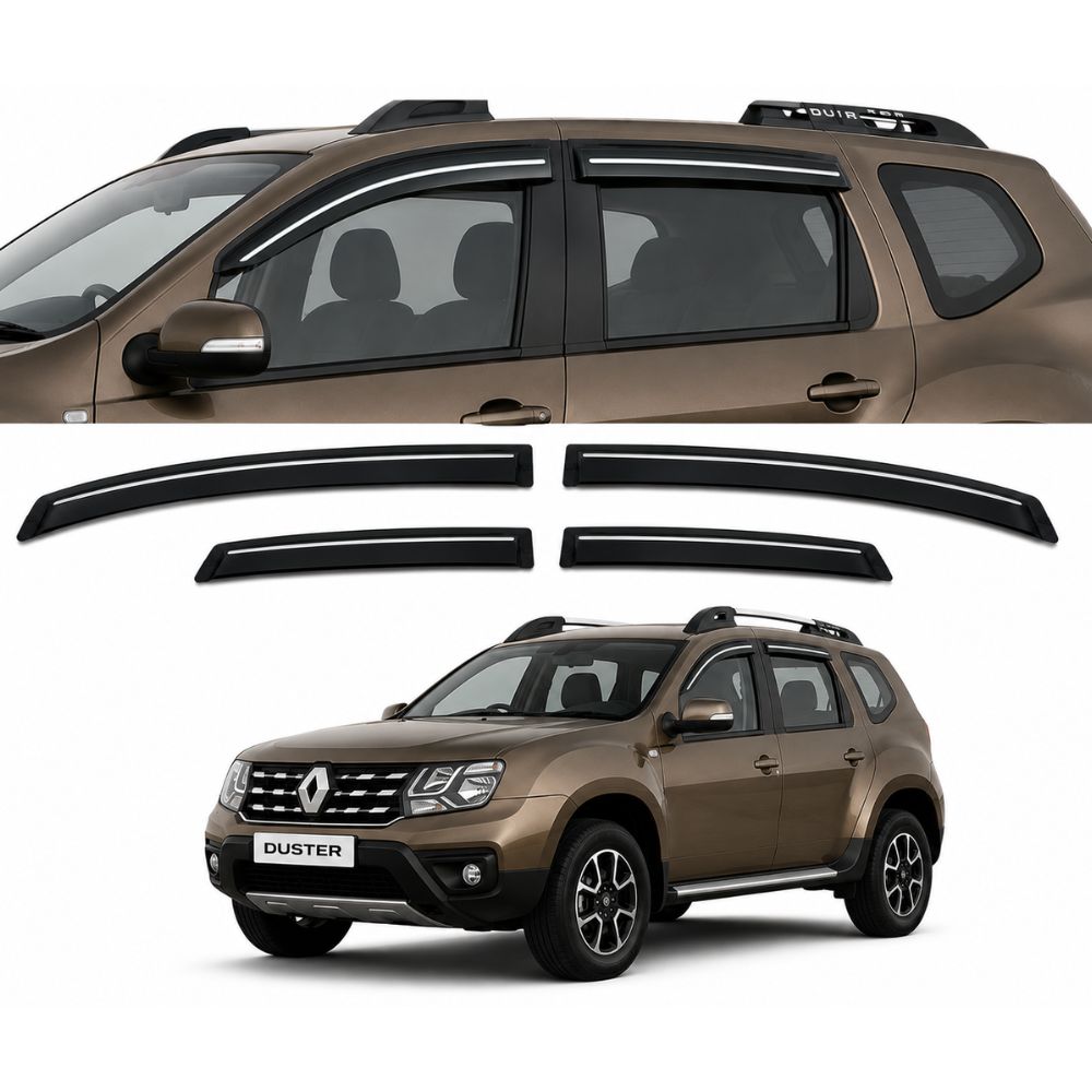 Galio Chrome Line Door Visor for Renault Duster 1st Gen 2012 to 2022 | Set of 4 | Black | ABS Plastic | Chrome Line | Made in India