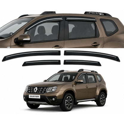 Galio Chrome Line Door Visor for Renault Duster 1st Gen 2012 to 2022 | Set of 4 | Black | ABS Plastic | Chrome Line | Made in India