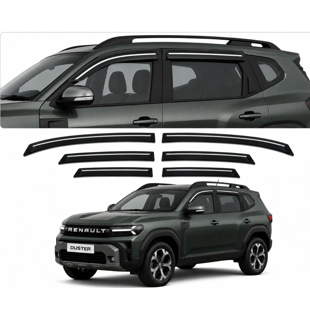 Galio Chrome Line Door Visor for Renault Duster 2nd Gen 2026 Onwards | Set of 6 | Black | ABS Plastic | Chrome Line | Made in India
