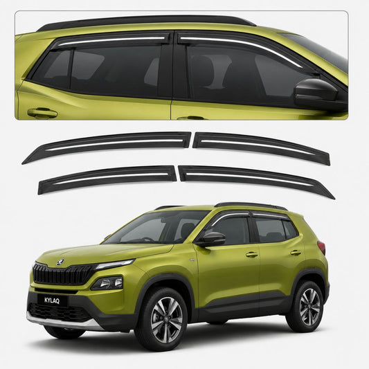 Galio Chrome Line Door Visor for Skoda Kylaq 1st Gen 2014 Onwards | Set of 4 | Black | ABS Plastic | Chrome Line | Made in India

