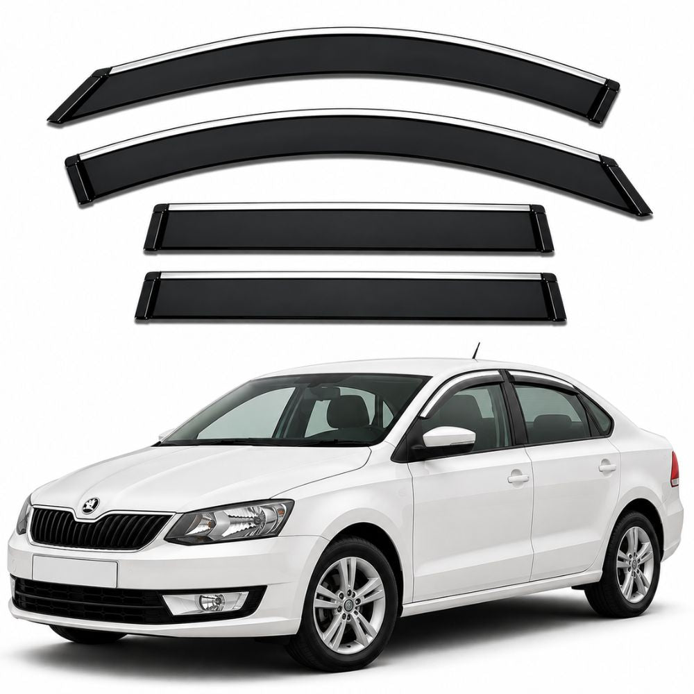 Galio Chrome Line Door Visor for Skoda Rapid 1st Gen 2011 to 2016. Set of 4 black ABS plastic visors with chrome line for a refined exterior look. Made in India.
