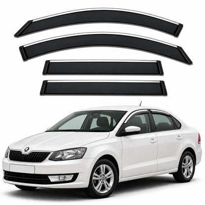 Galio Chrome Line Door Visor for Skoda Rapid 1st Gen 2011 to 2016. Set of 4 black ABS plastic visors with chrome line for a refined exterior look. Made in India.
