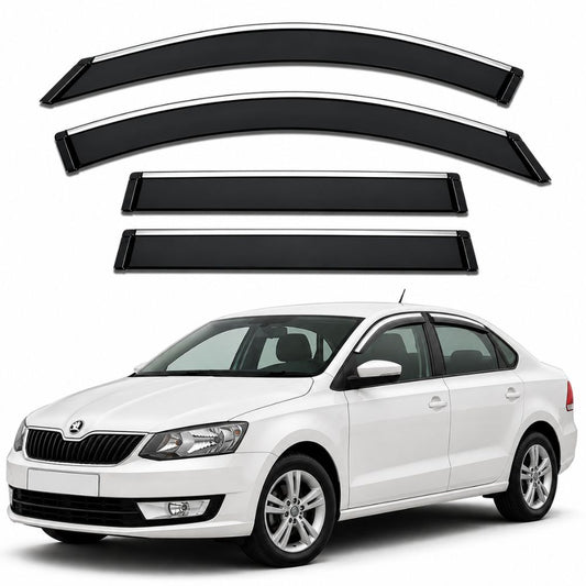 Galio Chrome Line Door Visor for Skoda Rapid 1st Gen 2011 to 2016. Set of 4 black ABS plastic visors with chrome line for a refined exterior look. Made in India.
