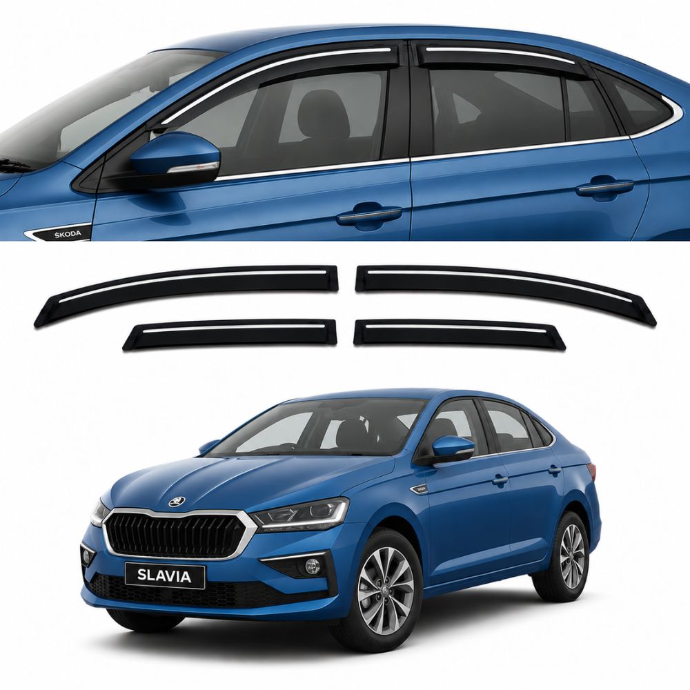 Galio Chrome Line Door Visor for Skoda Slavia & Volkswagen Virtus 1st Gen 2022 Onwards | Set of 4 | Black | ABS Plastic | Chrome Line | Made in India