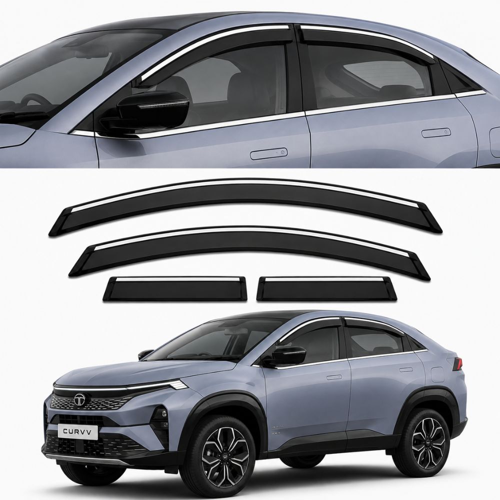 Galio Chrome Line Door Visor for Tata Curvv & Curvv EV 1st Gen 2024 Onwards | Set of 4 | Black | ABS Plastic | Chrome Line | Made in India
