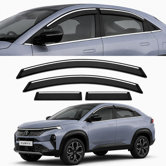 Galio Chrome Line Door Visor for Tata Curvv & Curvv EV 1st Gen 2024 Onwards | Set of 4 | Black | ABS Plastic | Chrome Line | Made in India
