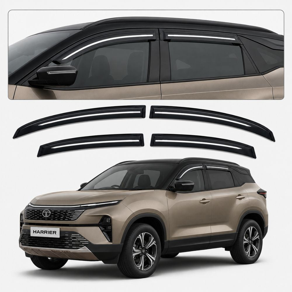 Galio Chrome Line Door Visor for Tata Harrier, Harrier EV | Set of 4 | Black | ABS Plastic | Chrome Line | Made in India
