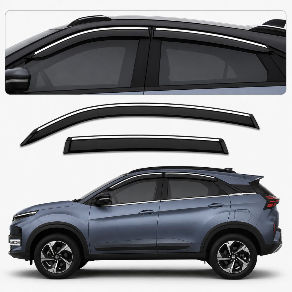 Galio Chrome Line Door Visor for Tata Nexon, Nexon EV | Set of 4 | Black | ABS Plastic | Chrome Line | Made in India
