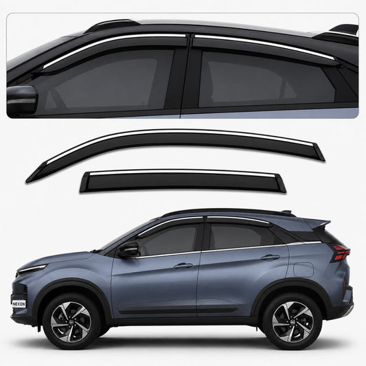 Galio Chrome Line Door Visor for Tata Nexon, Nexon EV | Set of 4 | Black | ABS Plastic | Chrome Line | Made in India
