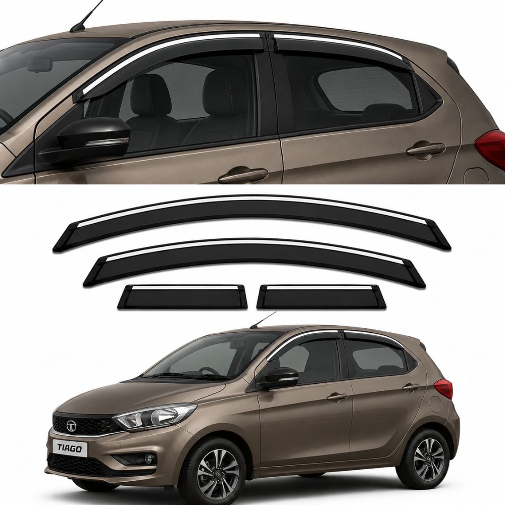 Galio Chrome Line Door Visor for Tata Tiago & Tiago EV 1st Gen 2016 to 2025 | Set of 4 | Black | ABS Plastic | Chrome Line | Made in India