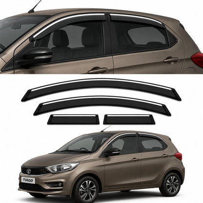 Galio Chrome Line Door Visor for Tata Tiago & Tiago EV 1st Gen 2016 to 2025 | Set of 4 | Black | ABS Plastic | Chrome Line | Made in India