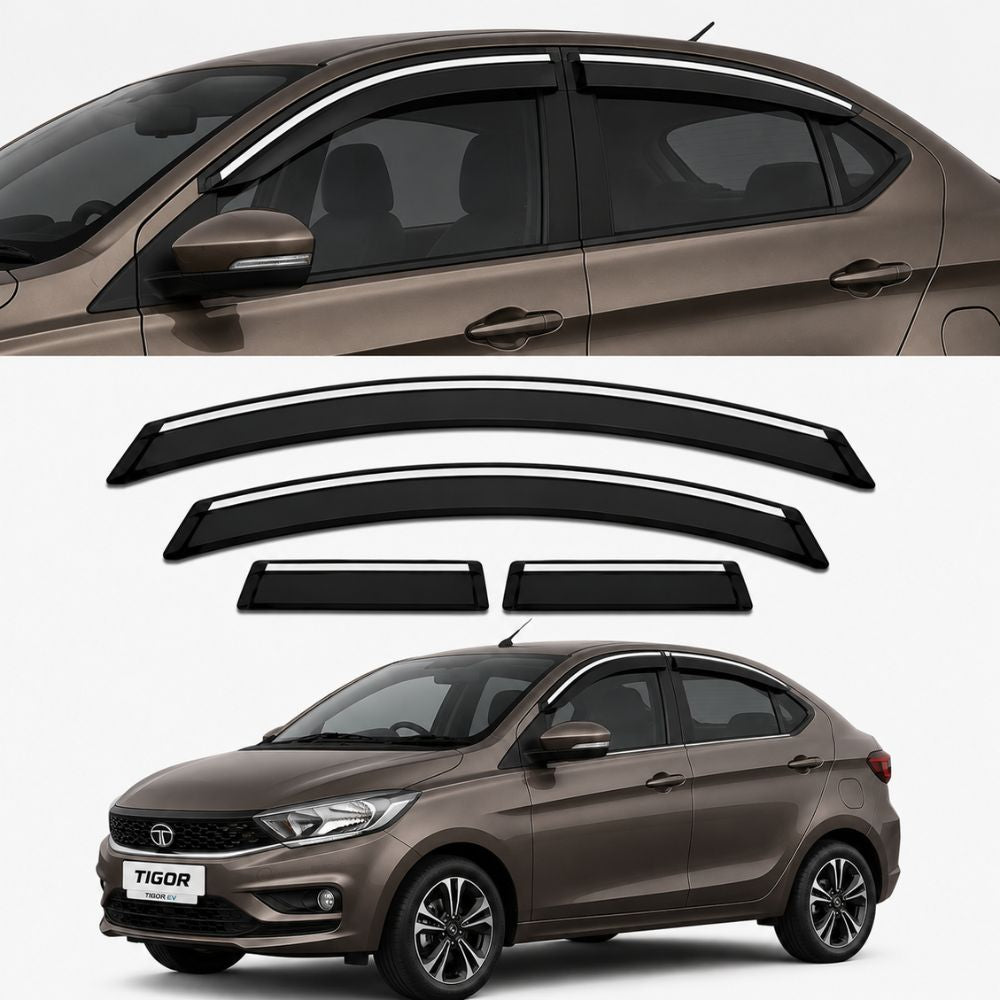 Galio Chrome Line Door Visor for Tata Tigor & Tigor EV 1st Gen 2016 Onwards | Set of 4 | Black | ABS Plastic | Chrome Line | Made in India
