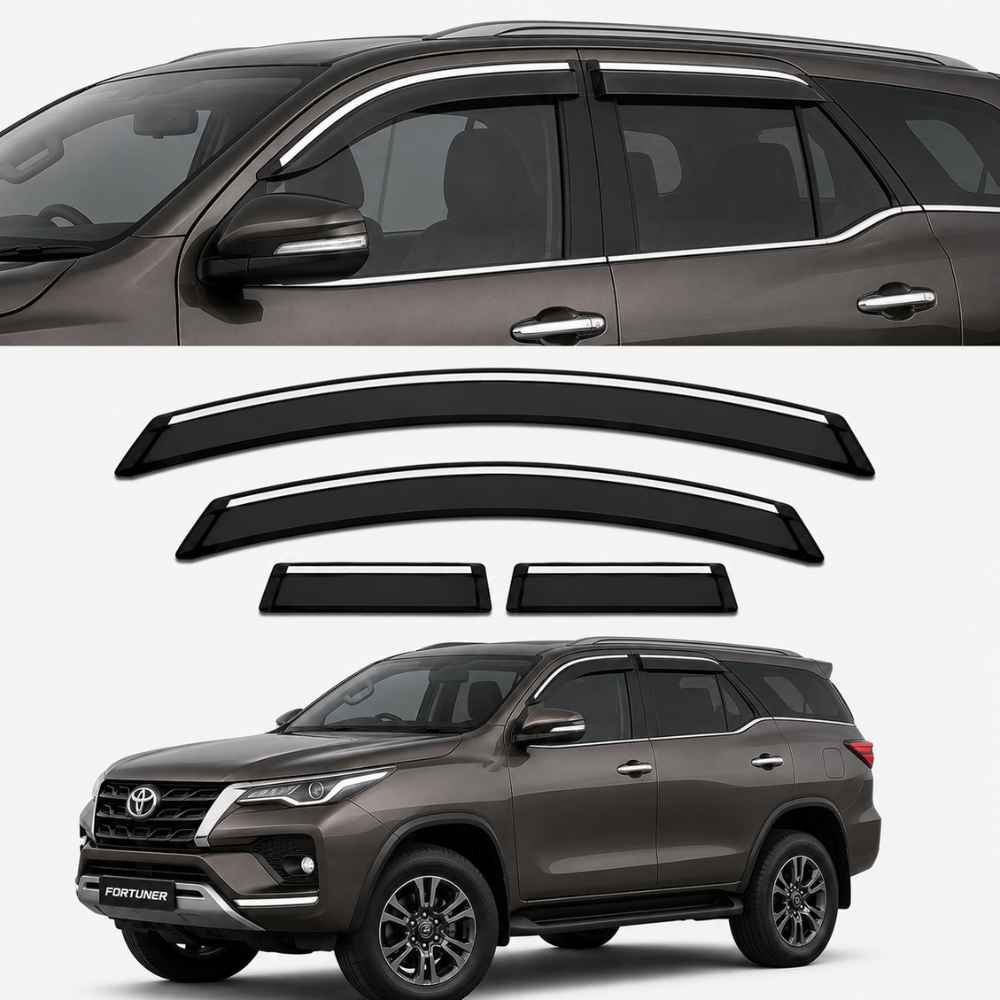 Galio Chrome Line Door Visor for Toyota Fortuner 2nd Gen 2016 to 2025 | Set of 4 | Black | ABS Plastic | Chrome Line | Made in India