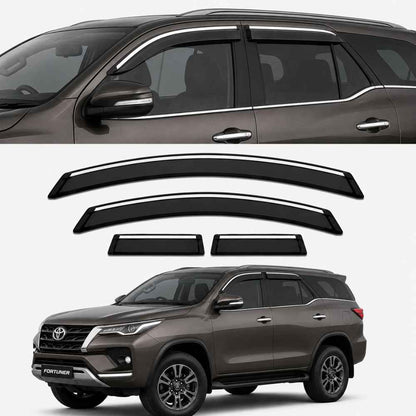 Galio Chrome Line Door Visor for Toyota Fortuner 2nd Gen 2016 to 2025 | Set of 4 | Black | ABS Plastic | Chrome Line | Made in India