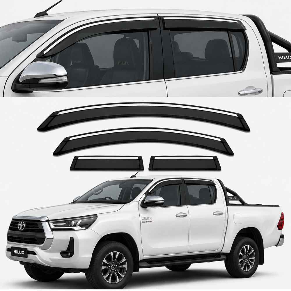 Galio Chrome Line Door Visor for Toyota Hilux 1st Gen 2022 Onwards | Set of 4 | Black | ABS Plastic | Chrome Line | Made in India
