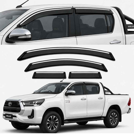 Galio Chrome Line Door Visor for Toyota Hilux 1st Gen 2022 Onwards | Set of 4 | Black | ABS Plastic | Chrome Line | Made in India
