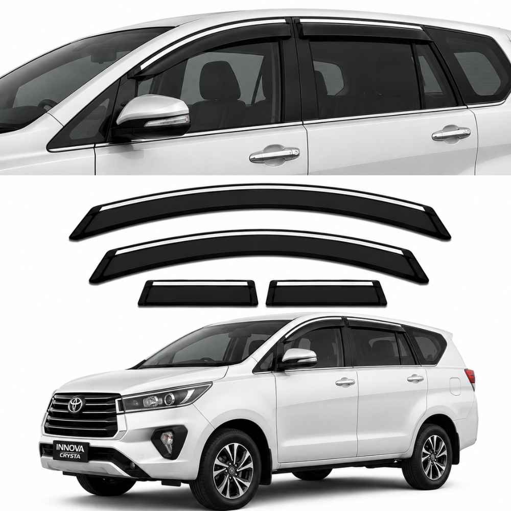 Galio Chrome Line Door Visor for Toyota Innova Crysta 1st Gen 2016 Onwards | Set of 6 | Black | ABS Plastic | Chrome Line | Made in India
