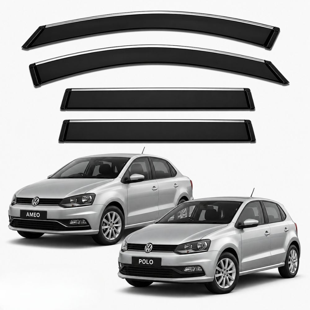 Galio Chrome Line Door Visor for Volkswagen Ameo and Polo. Set of 4 black ABS plastic window visors with chrome line for a clean exterior look. Made in India.
