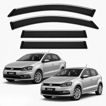Galio Chrome Line Door Visor for Volkswagen Ameo and Polo. Set of 4 black ABS plastic window visors with chrome line for a clean exterior look. Made in India.

