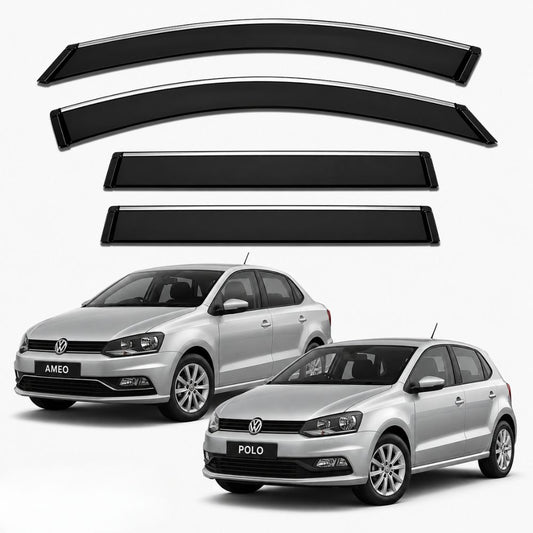 Galio Chrome Line Door Visor for Volkswagen Ameo and Polo. Set of 4 black ABS plastic window visors with chrome line for a clean exterior look. Made in India.
