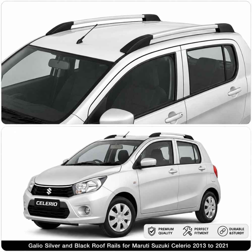 Galio Silver and Black Roof Rails for Maruti Suzuki Celerio 2013 to 2021 | Set of 2 | Drill-Free Aesthetic Roof Styling
