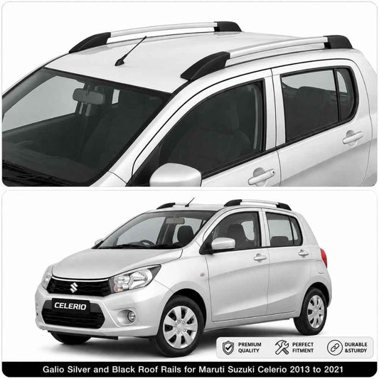 Galio Silver and Black Roof Rails for Maruti Suzuki Celerio 2013 to 2021 | Set of 2 | Drill-Free Aesthetic Roof Styling