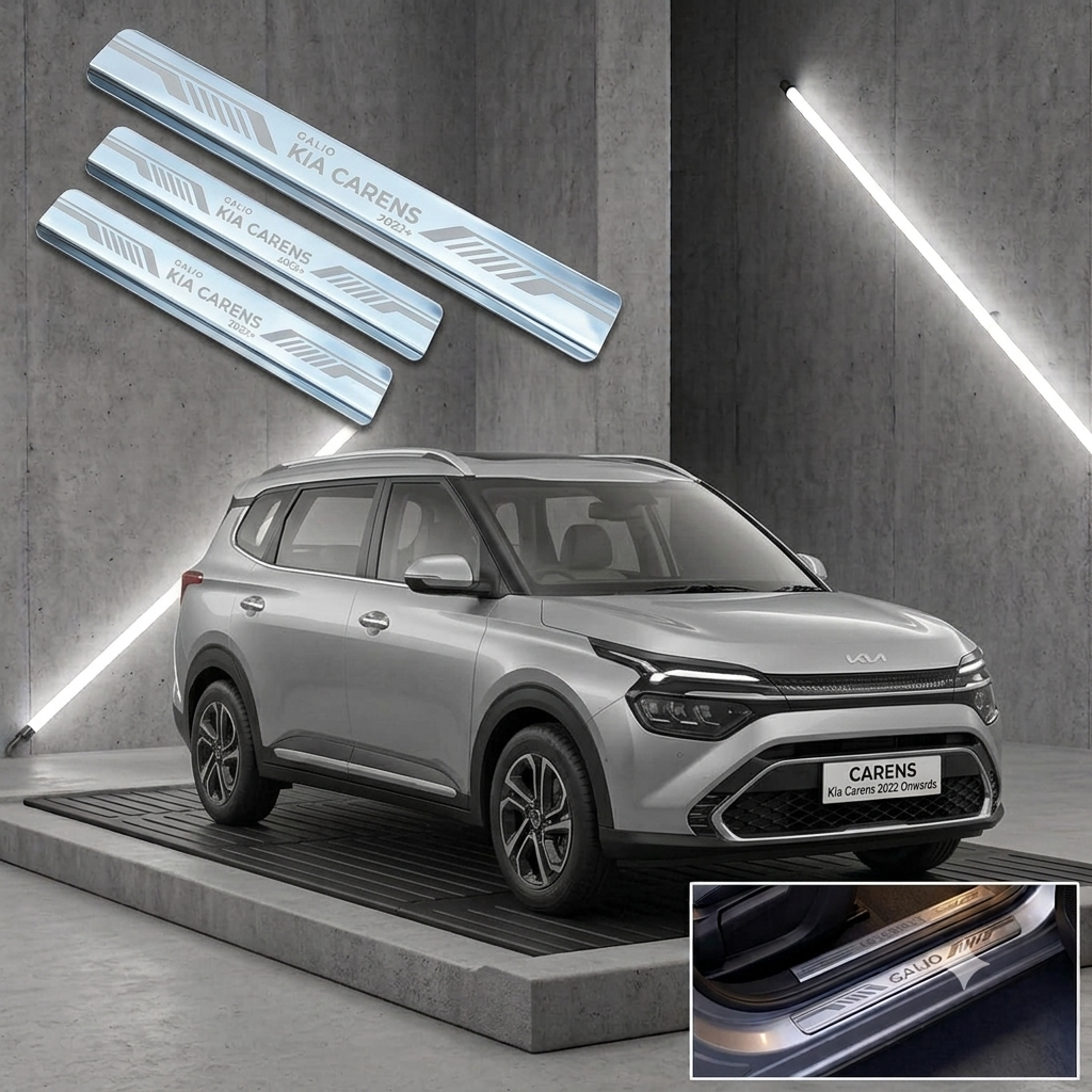 Galio Stainless Steel Door Sill Guards for Kia Carens 2022 Onwards | Set of 4 Scuff Plates | Metal Threshold Protection