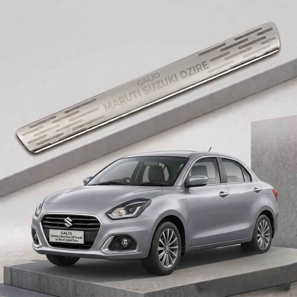 Galio Stainless Steel Door Sill Guards for Maruti Suzuki Dzire 2017 Onwards | Set of 4 Scuff Plates | Metal Threshold Protection