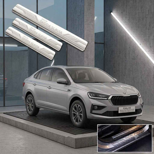 Galio Stainless Steel Door Sill Guards for Skoda Slavia 2022 Onwards | Set of 4 Scuff Plates | Metal Threshold Protection