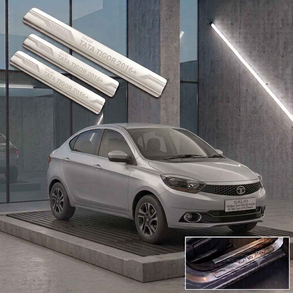 Galio Stainless Steel Door Sill Guards for Tata Tigor 2016 Onwards | Set of 4 Scuff Plates | Metal Threshold Protection