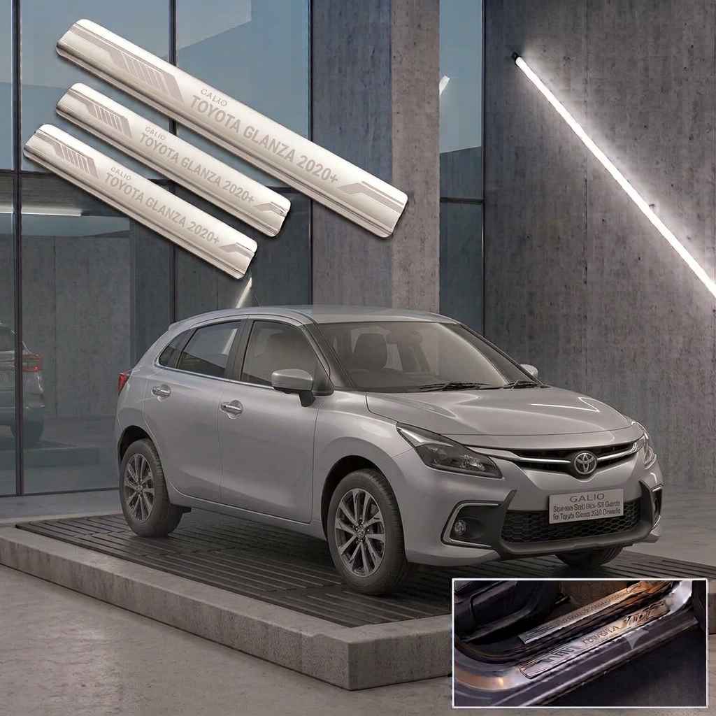 Galio Stainless Steel Door Sill Guards for Toyota Glanza 2020 Onwards | Set of 4 Scuff Plates | Metal Threshold Protection