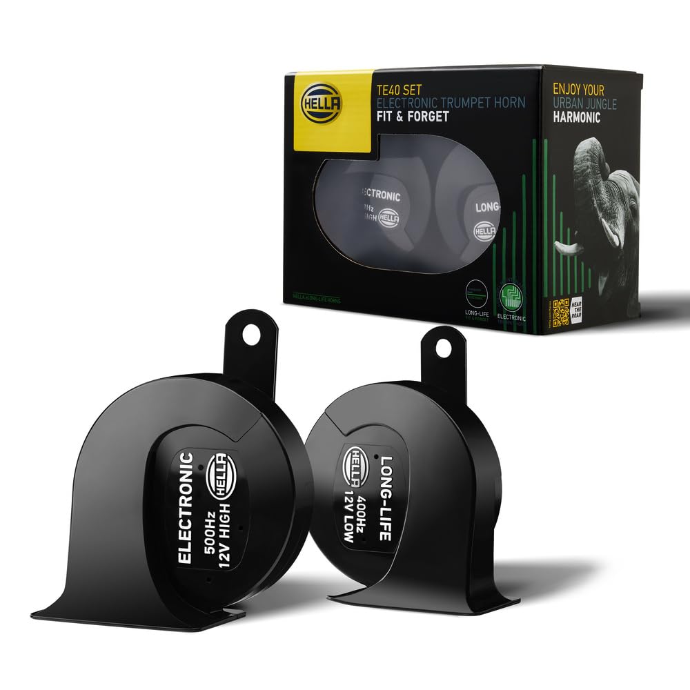 HELLA TE40 electronic trumpet horn with dual tone design delivering loud and clear premium sound output for cars with durable performance