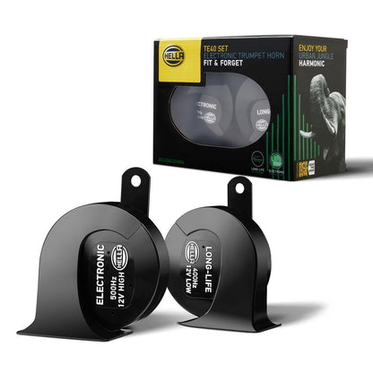 HELLA TE40 electronic trumpet horn with dual tone design delivering loud and clear premium sound output for cars with durable performance