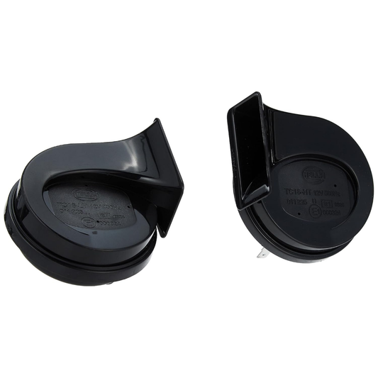 Hella Pearl trumpet horn set 12V with 400 and 500Hz dual tone delivering 105 to 118 dB loud and clear sound suitable for cars and bikes