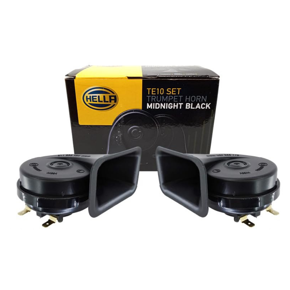 Hella TE10 midnight black 12V horn with 410 and 490Hz dual tone frequencies delivering loud and clear sound for cars with durable construction