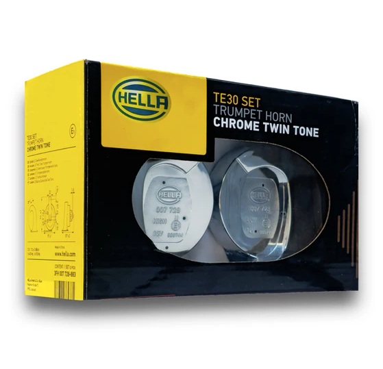 Hella TE30 chrome twin tone trumpet horn set 12V with 410 and 510Hz frequencies delivering 105 to 118 dB loud and clear sound for cars